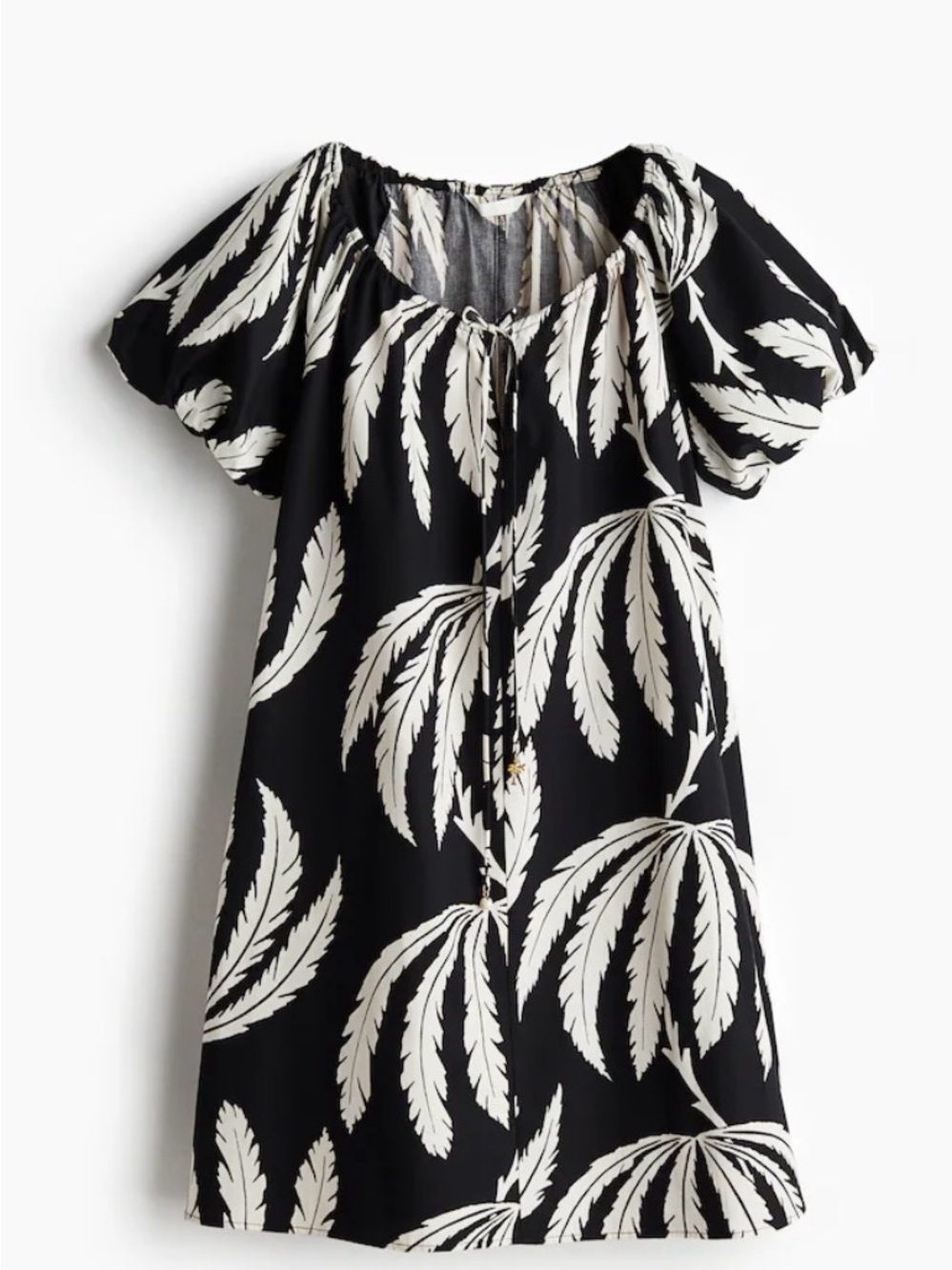 H&M Black and White Leaf-Print Puff-Sleeve Dress